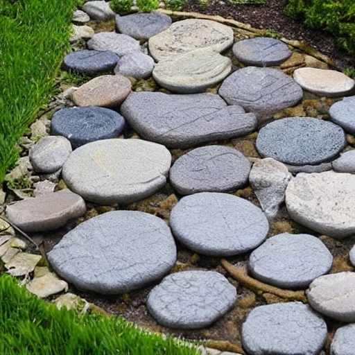 Light and dark blue pebble stones in a garden amongst a garden bed. Perfect for landscaping season. 