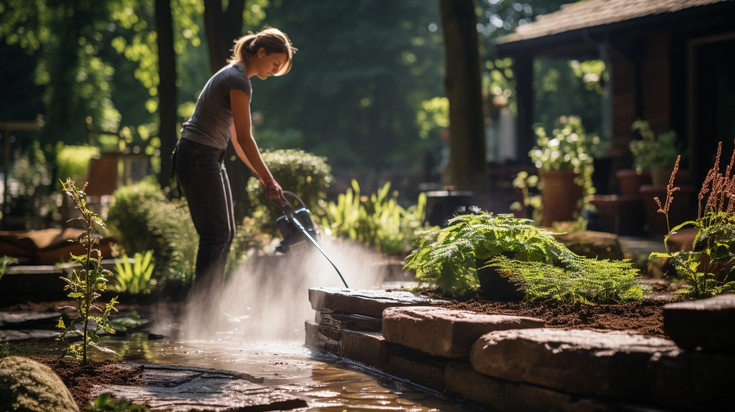 A woman powerfully operates a pressure washer, effectively cleaning outdoor surfaces with precision and determination.