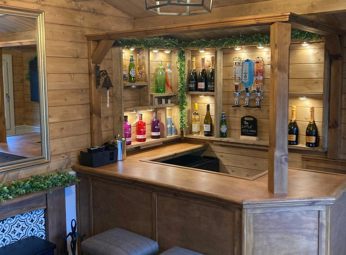 An English-pub type bar is perfect. This bar contains British flags, as well as a keg stand for local lagers and beers.