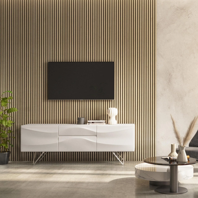 Slatted timber wall panelling used as a focal piece for a television in a living room. Cheshire Mouldings wall panels supplied by Howarth Timber.