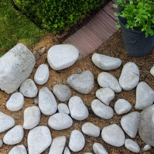 Large pebble stones arranged beautifully in a garden bed, adding texture and charm to outdoor landscaping.