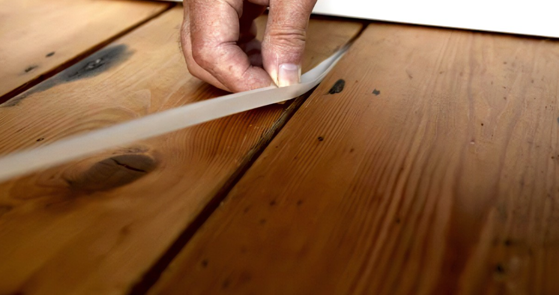 an image of a person fitting some draught proof strips to their wooden floorboards