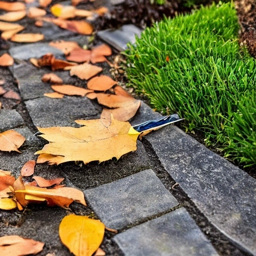 Autumn leaves scattered on a garden path await removal, symbolizing the seasonal transition and the need for maintenance in outdoor spaces.