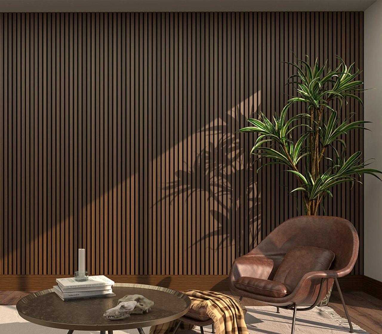 Deanta dark brown slatted timber wall panelling supplied by Howarth Timber.