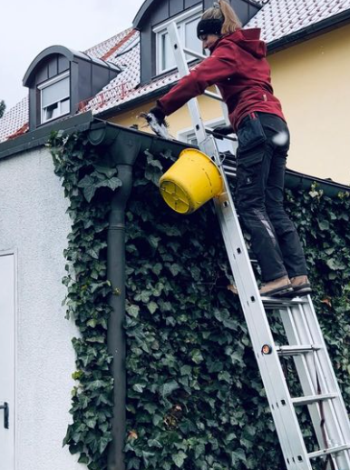 an image of a woman using chrome ladder to reach the top of the brush
