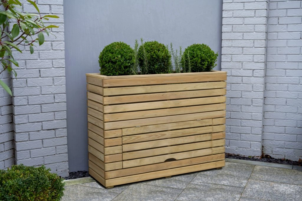 A Linear Tall Storage Planter from Forest Garden, which is the perfect option for adding plants and shrubs to your garden as well as adding extra garden storage.