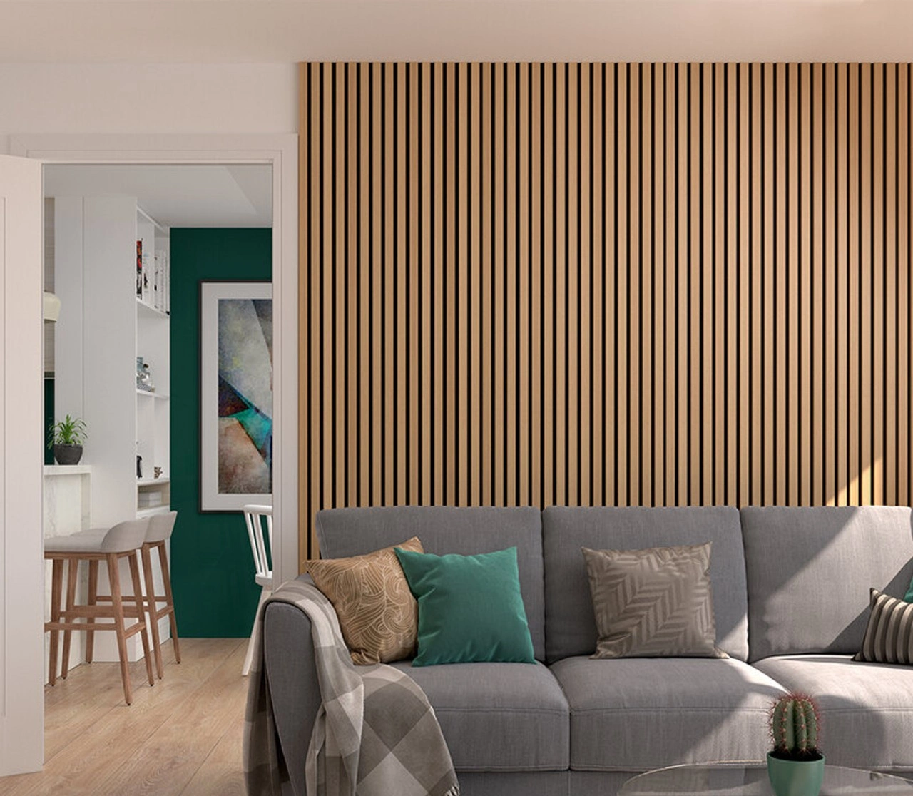 Slatted timber wall panelling used in a living room space. Deanta Howrth Timber light brown coloured wall panels.